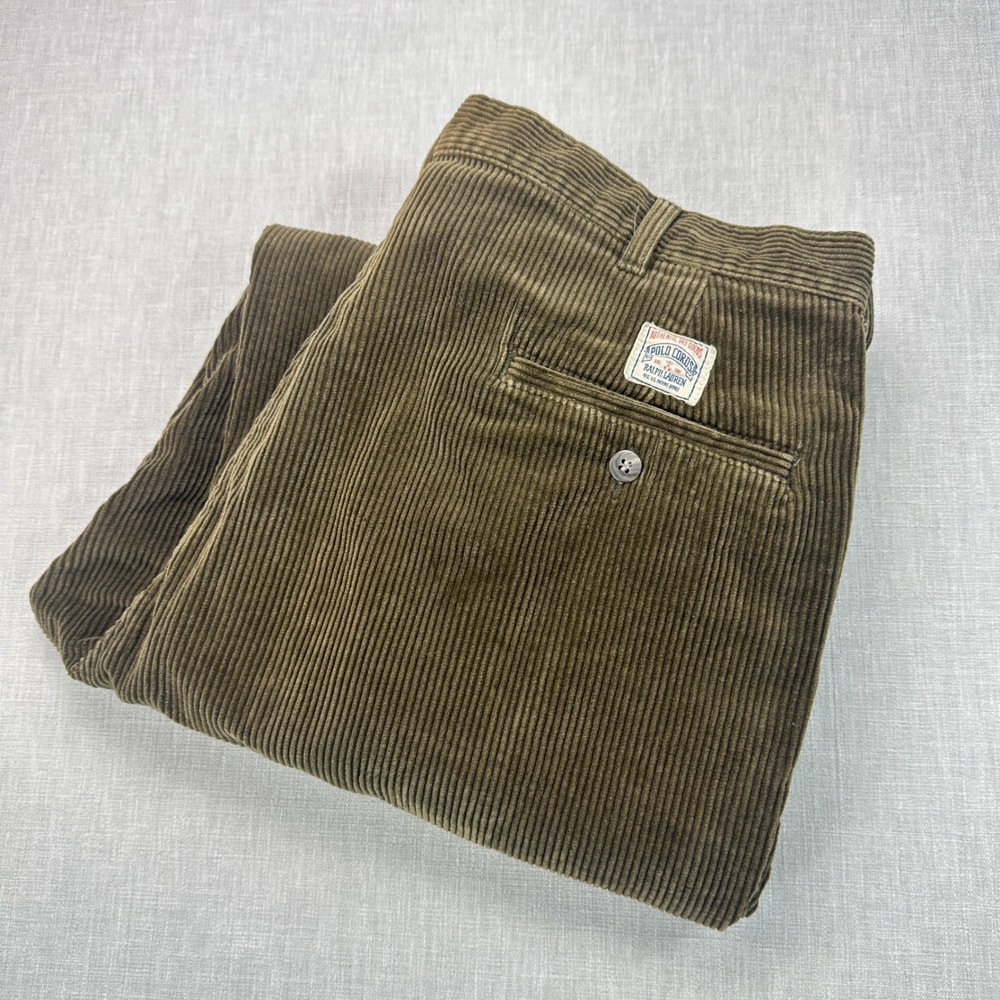 Polo Ralph Lauren Pants Mens 36x27 Brown Corduroy Pleated Straight Leg USA Made